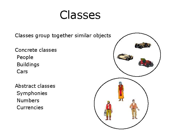 Classes group together similar objects Concrete classes People Buildings Cars Abstract classes Symphonies Numbers