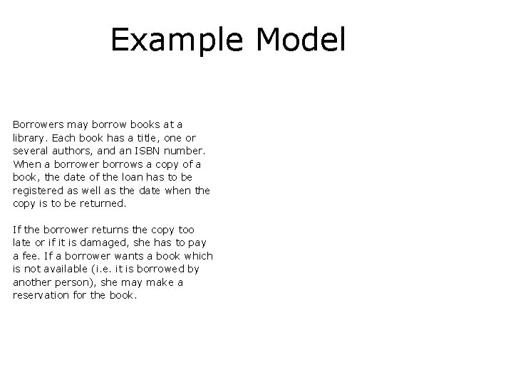 Example Model Borrowers may borrow books at a library. Each book has a title,