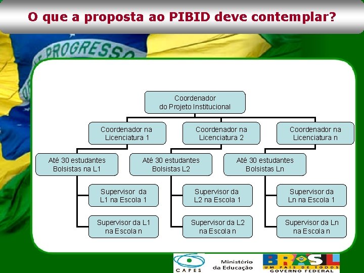 O que a proposta ao PIBID deve contemplar? Coordenador do Projeto Institucional Coordenador na