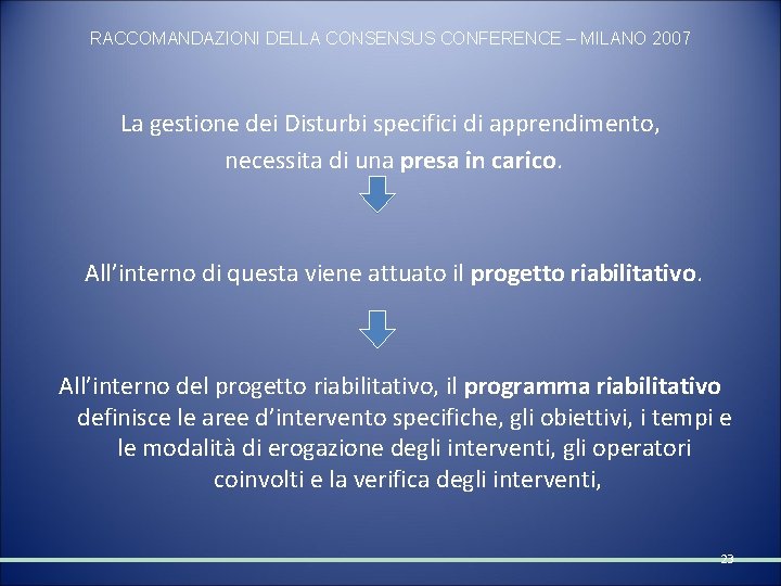 RACCOMANDAZIONI DELLA CONSENSUS CONFERENCE – MILANO 2007 La gestione dei Disturbi specifici di apprendimento,