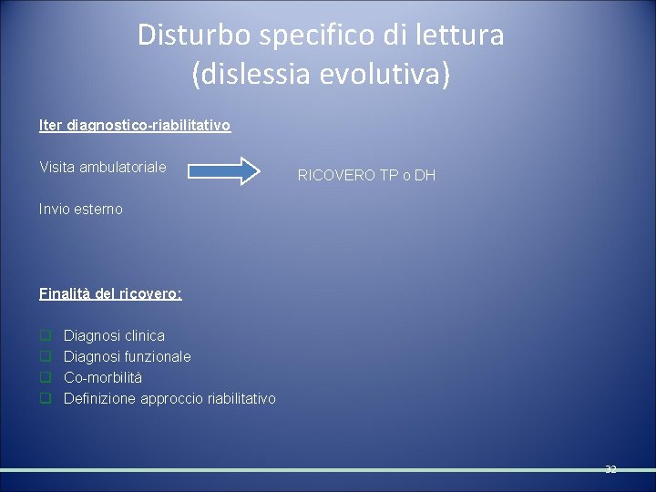 Disturbo specifico di lettura (dislessia evolutiva) Iter diagnostico-riabilitativo Visita ambulatoriale RICOVERO TP o DH