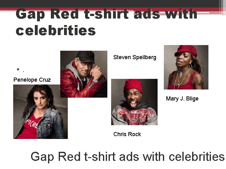 Gap Red t-shirt ads with celebrities Steven Speilberg • . Penelope Cruz Mary J.