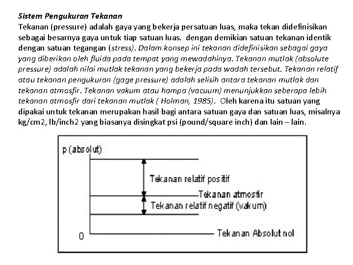 Sistem Pengukuran Tekanan (pressure) adalah gaya yang bekerja persatuan luas, maka tekan didefinisikan sebagai