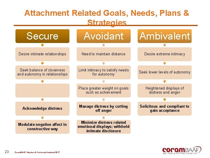 Attachment Related Goals, Needs, Plans & Strategies 23 Secure Avoidant Ambivalent Desire intimate relationships