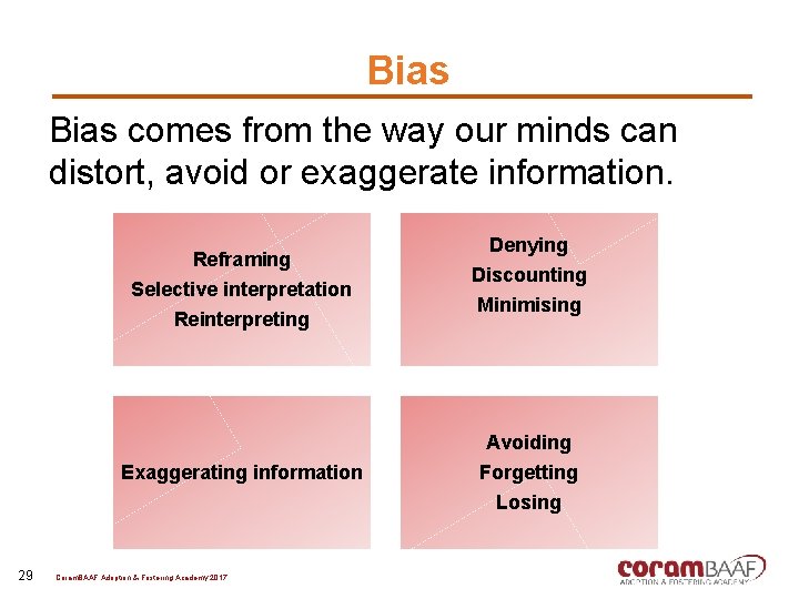 Bias comes from the way our minds can distort, avoid or exaggerate information. Reframing