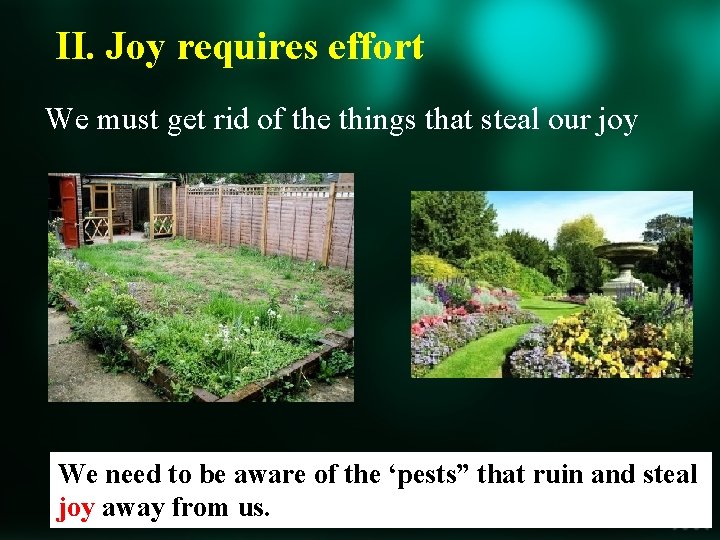 II. Joy requires effort We must get rid of the things that steal our