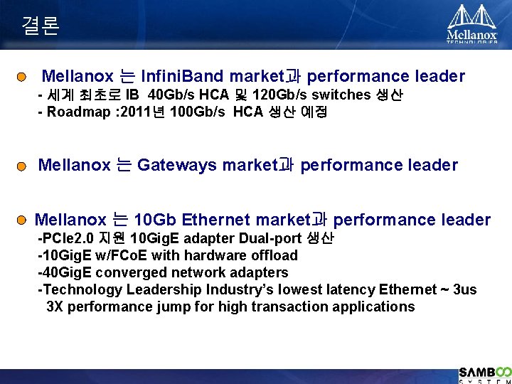 결론 Mellanox 는 Infini. Band market과 performance leader - 세계 최초로 IB 40 Gb/s