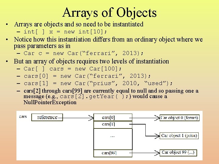 Arrays of Objects • Arrays are objects and so need to be instantiated –