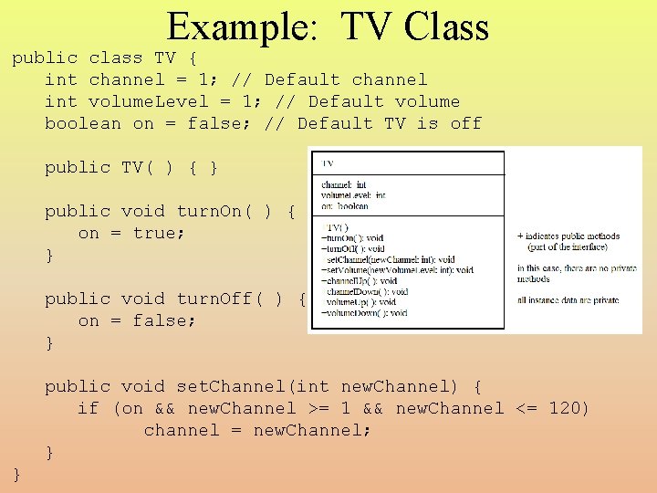 Example: TV Class public class TV { int channel = 1; // Default channel