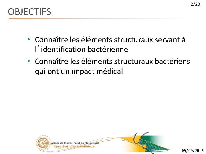 OBJECTIFS 2/23 • Connaître les éléments structuraux servant à l’identification bactérienne • Connaître les