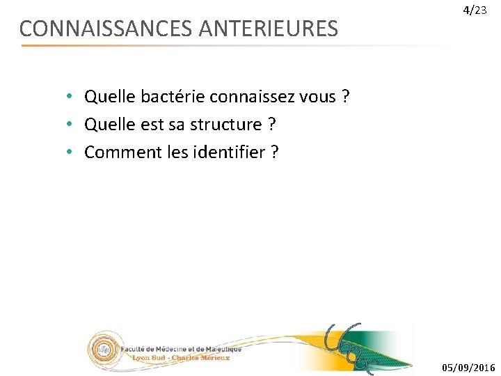 CONNAISSANCES ANTERIEURES 4/23 • Quelle bactérie connaissez vous ? • Quelle est sa structure