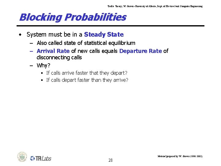 Traffic Theory, W. Grover–University of Alberta, Dept. of Electrical and Computer Engineering Blocking Probabilities