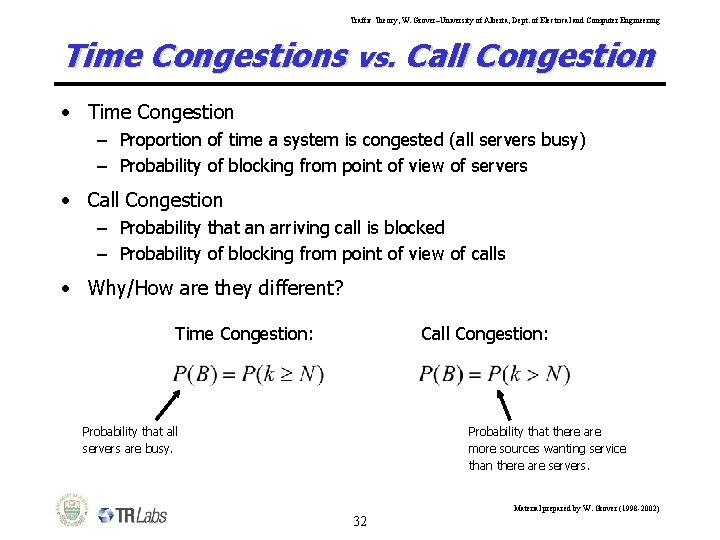 Traffic Theory, W. Grover–University of Alberta, Dept. of Electrical and Computer Engineering Time Congestions