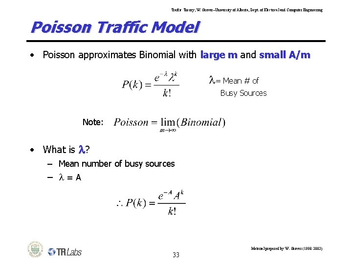 Traffic Theory, W. Grover–University of Alberta, Dept. of Electrical and Computer Engineering Poisson Traffic