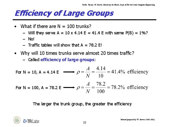 Traffic Theory, W. Grover–University of Alberta, Dept. of Electrical and Computer Engineering Efficiency of