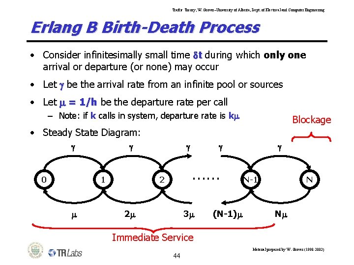 Traffic Theory, W. Grover–University of Alberta, Dept. of Electrical and Computer Engineering Erlang B