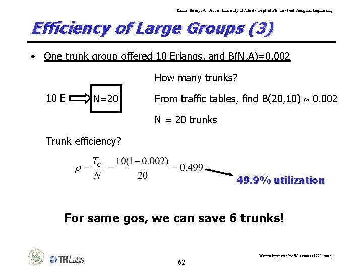 Traffic Theory, W. Grover–University of Alberta, Dept. of Electrical and Computer Engineering Efficiency of