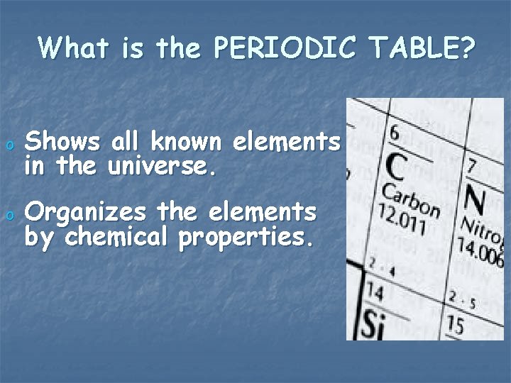 What is the PERIODIC TABLE? o o Shows all known elements in the universe.
