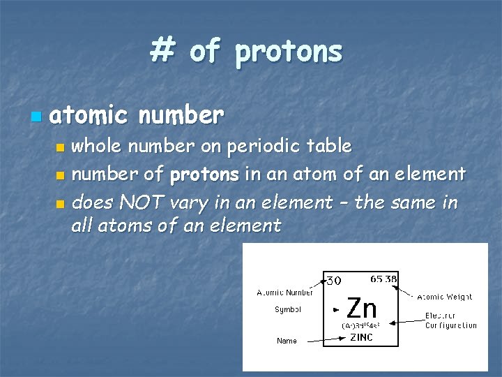 # of protons n atomic number whole number on periodic table n number of