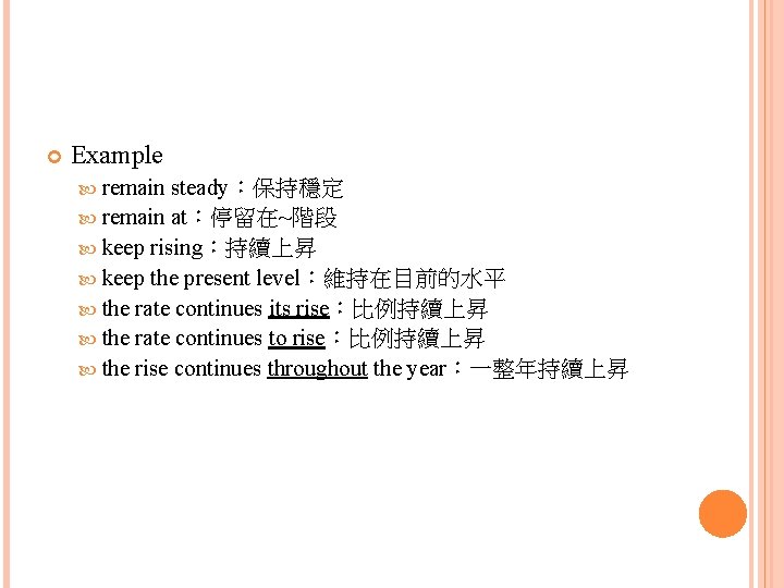  Example remain steady：保持穩定 remain at：停留在~階段 keep rising：持續上昇 keep the present level：維持在目前的水平 the rate