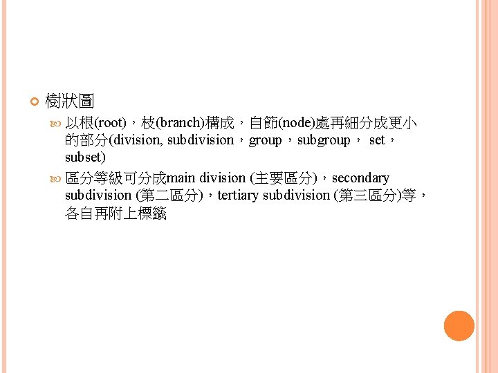  樹狀圖 以根(root)，枝(branch)構成，自節(node)處再細分成更小 的部分(division, subdivision，group，subgroup， set， subset) 區分等級可分成main division (主要區分)，secondary subdivision (第二區分)，tertiary subdivision (第三區分)等，