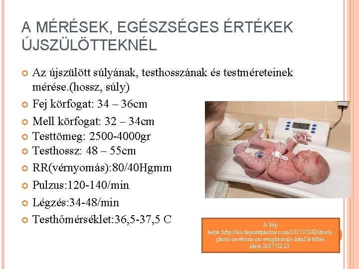 A MÉRÉSEK, EGÉSZSÉGES ÉRTÉKEK ÚJSZÜLÖTTEKNÉL Az újszülött súlyának, testhosszának és testméreteinek mérése. (hossz, súly) A MÉRÉSEK, EGÉSZSÉGES ÉRTÉKEK ÚJSZÜLÖTTEKNÉL Az újszülött súlyának, testhosszának és testméreteinek mérése. (hossz, súly)