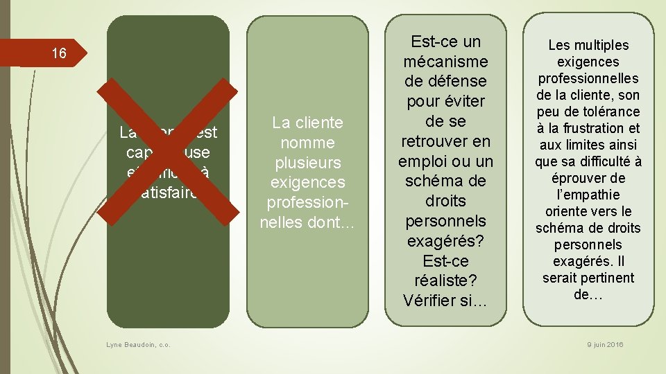 16 La cliente est capricieuse et difficile à satisfaire. Lyne Beaudoin, c. o. La