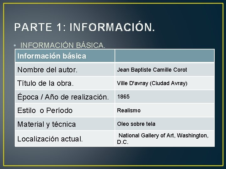 PARTE 1: INFORMACIÓN. • INFORMACIÓN BÁSICA. Información básica Nombre del autor. Jean Baptiste Camille