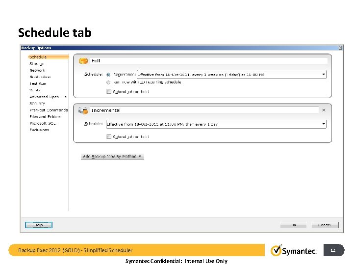 Schedule tab Backup Exec 2012 (GOLD) - Simplified Scheduler Symantec Confidential: Internal Use Only