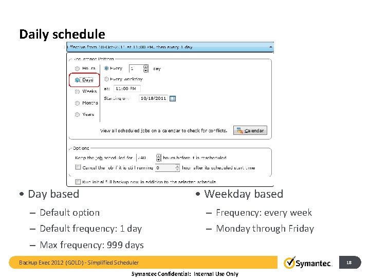 Daily schedule • Day based • Weekday based – Default option – Frequency: every