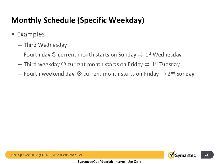 Monthly Schedule (Specific Weekday) • Examples – Third Wednesday – Fourth day current month