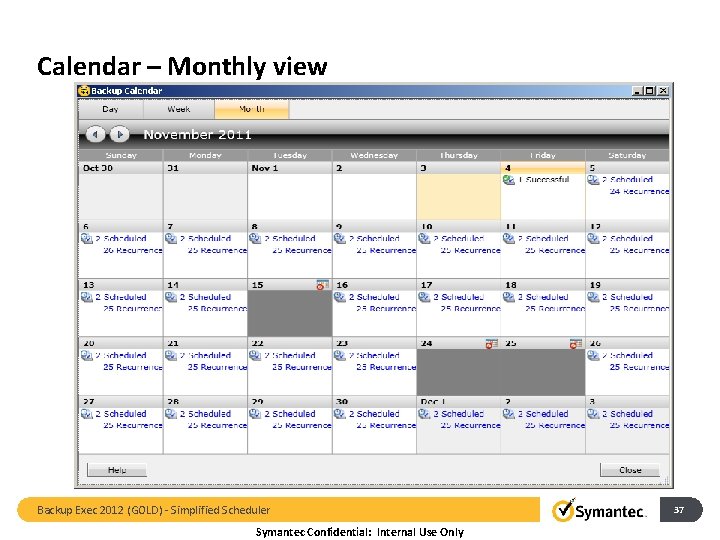 Calendar – Monthly view Backup Exec 2012 (GOLD) - Simplified Scheduler Symantec Confidential: Internal