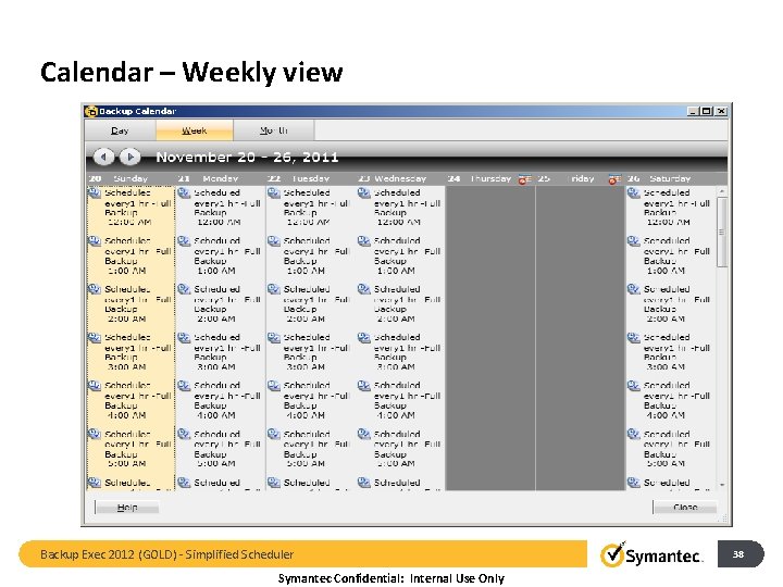 Calendar – Weekly view Backup Exec 2012 (GOLD) - Simplified Scheduler Symantec Confidential: Internal