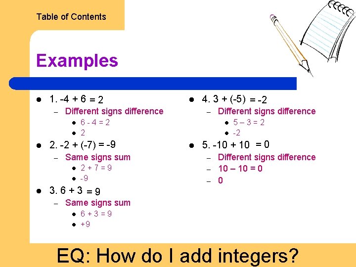 Table of Contents Examples l 1. -4 + 6 = 2 – Different signs