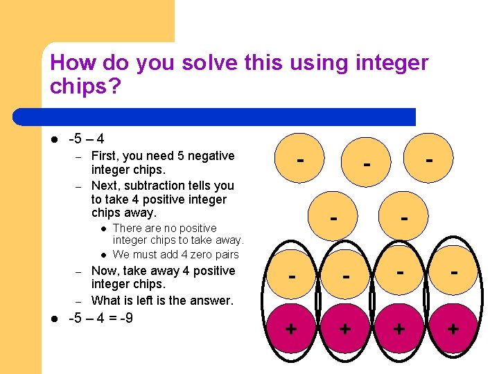 How do you solve this using integer chips? l -5 – 4 – –