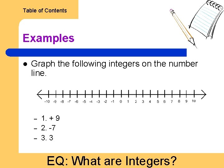 Table of Contents Examples l Graph the following integers on the number line. –