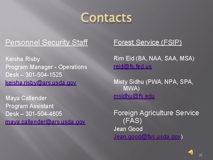 Contacts Personnel Security Staff Forest Service (FSIP) Keisha Risby Program Manager - Operations Desk