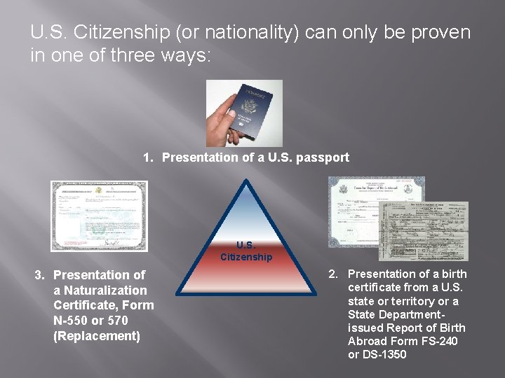 U. S. Citizenship (or nationality) can only be proven in one of three ways: