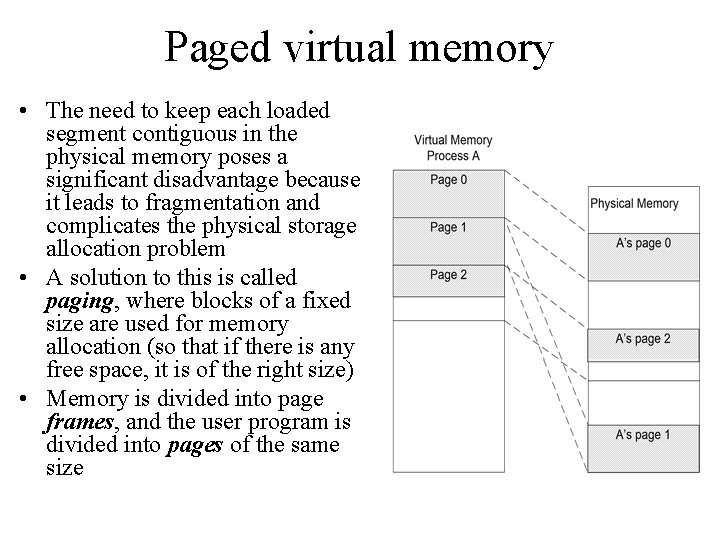 Paged virtual memory • The need to keep each loaded segment contiguous in the