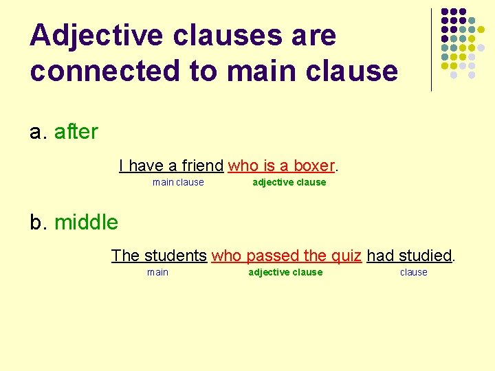 Adjective clauses are connected to main clause a. after I have a friend who