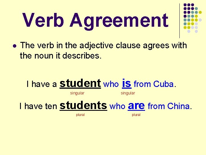 Verb Agreement l The verb in the adjective clause agrees with the noun it