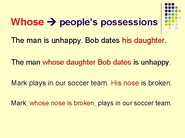 Whose people’s possessions The man is unhappy. Bob dates his daughter. The man whose
