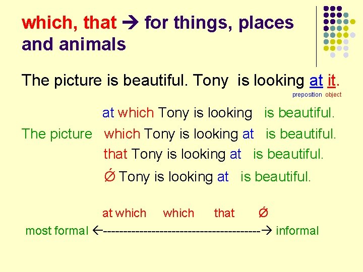 which, that for things, places and animals The picture is beautiful. Tony is looking