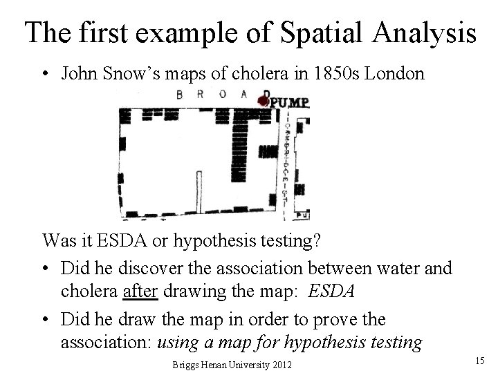 The first example of Spatial Analysis • John Snow’s maps of cholera in 1850