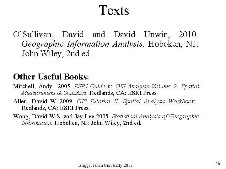 Texts O’Sullivan, David and David Unwin, 2010. Geographic Information Analysis. Hoboken, NJ: John Wiley,