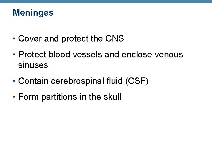 Meninges • Cover and protect the CNS • Protect blood vessels and enclose venous