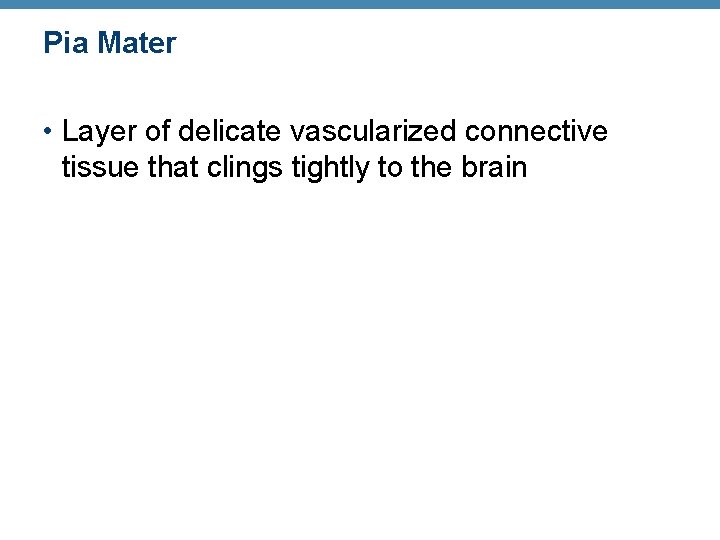 Pia Mater • Layer of delicate vascularized connective tissue that clings tightly to the