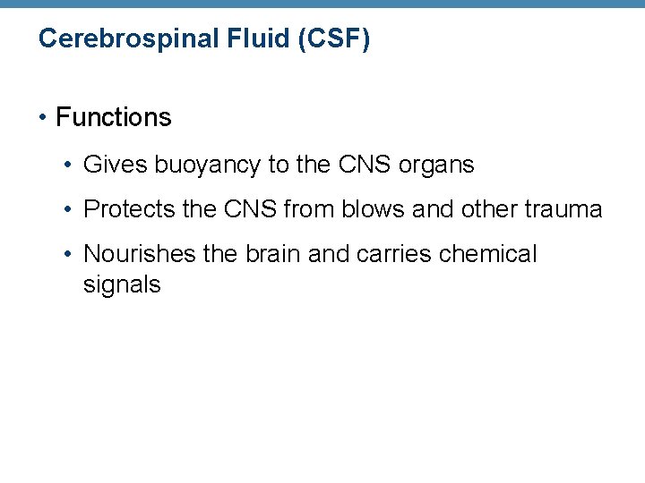Cerebrospinal Fluid (CSF) • Functions • Gives buoyancy to the CNS organs • Protects