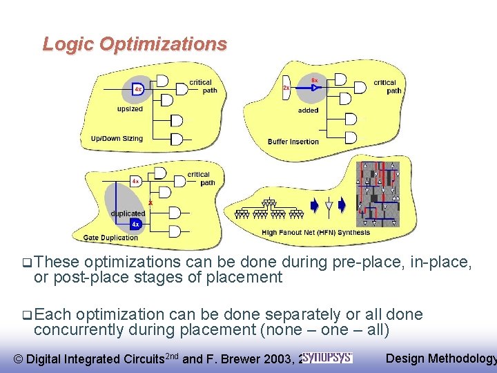 Logic Optimizations q These optimizations can be done during pre-place, in-place, or post-place stages