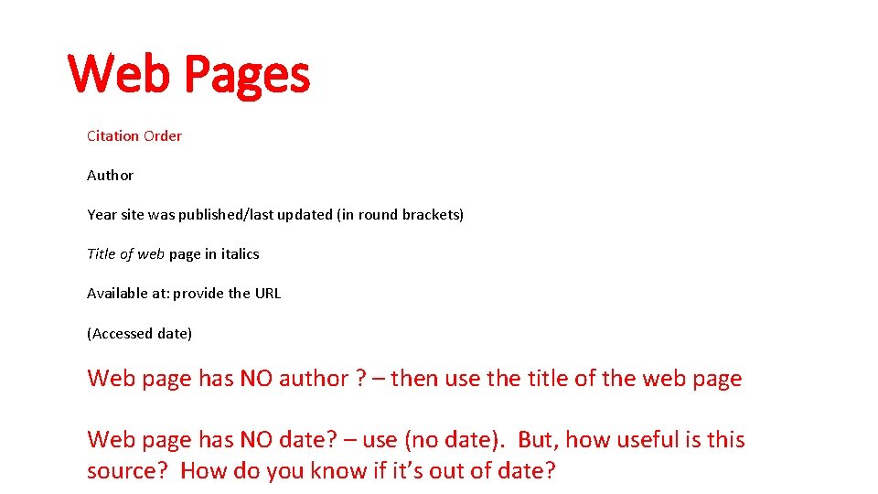 Web Pages Citation Order Author Year site was published/last updated (in round brackets) Title